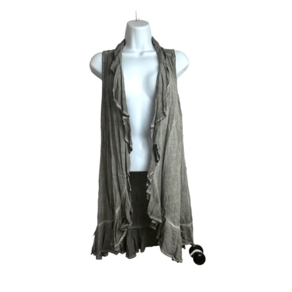 Entro Acid‎ Distressed Gray Ruffle Long Open Cardigan Vest Size Small S Sm